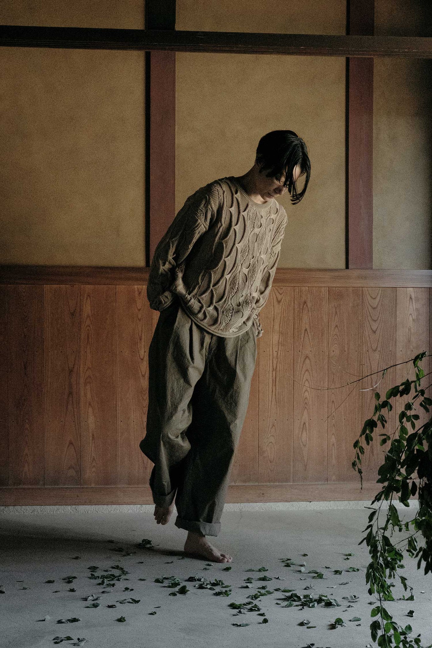 HIGH WAISTED CRINKLED WIDE TROUSERS / MUD / CC-LST07