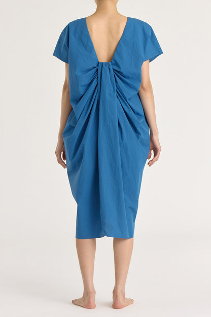 A blue dress with a crew neck and pleated details at the back. It has side seam pockets and is made of 100% cotton. 