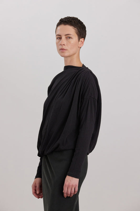 ORGANIC COTTON CASHMERE DOUBLE LAYER DRAPED TOP / BLACK