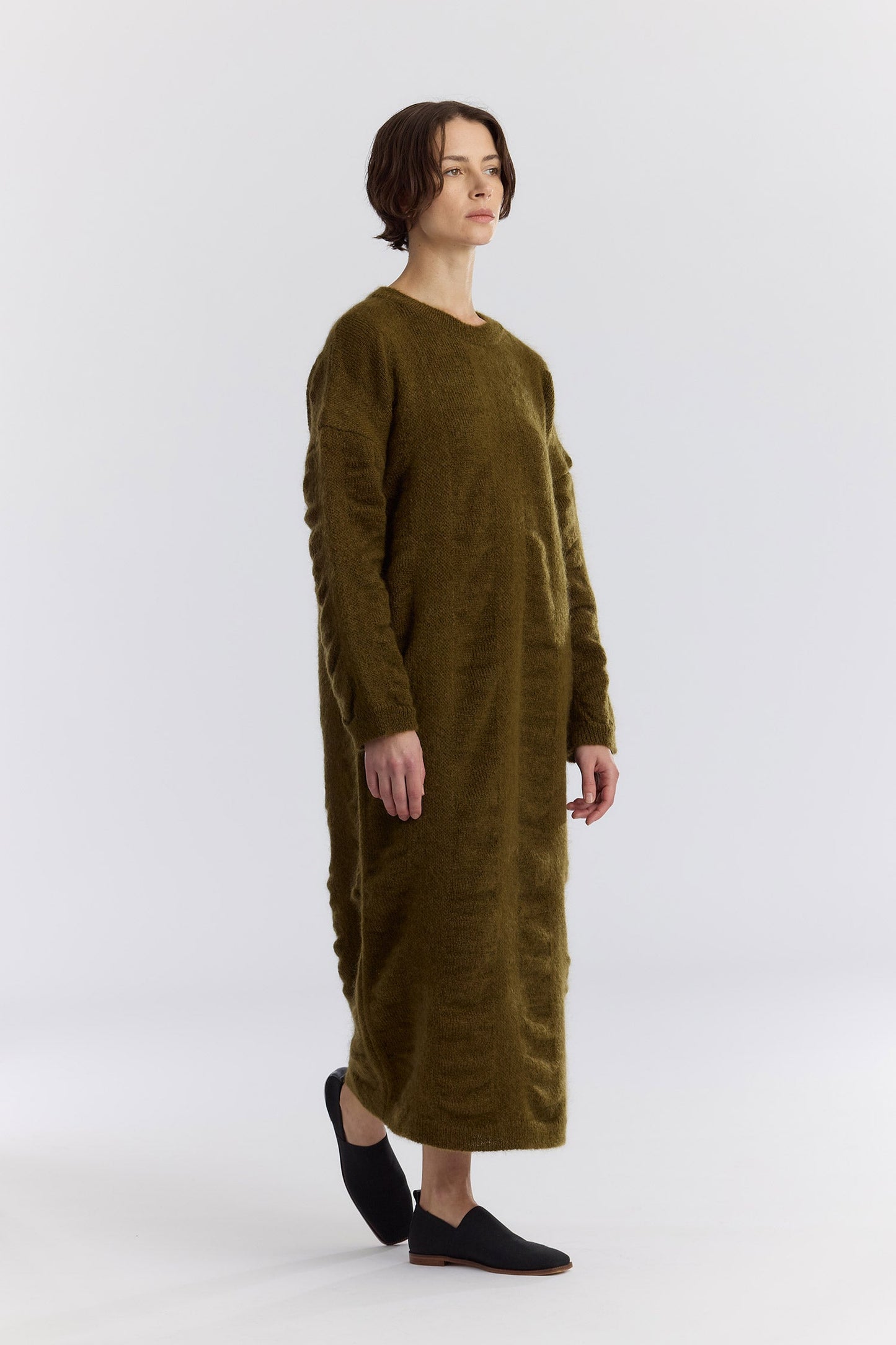 WATERFALL KNIT DRESS / DK. OLIVE