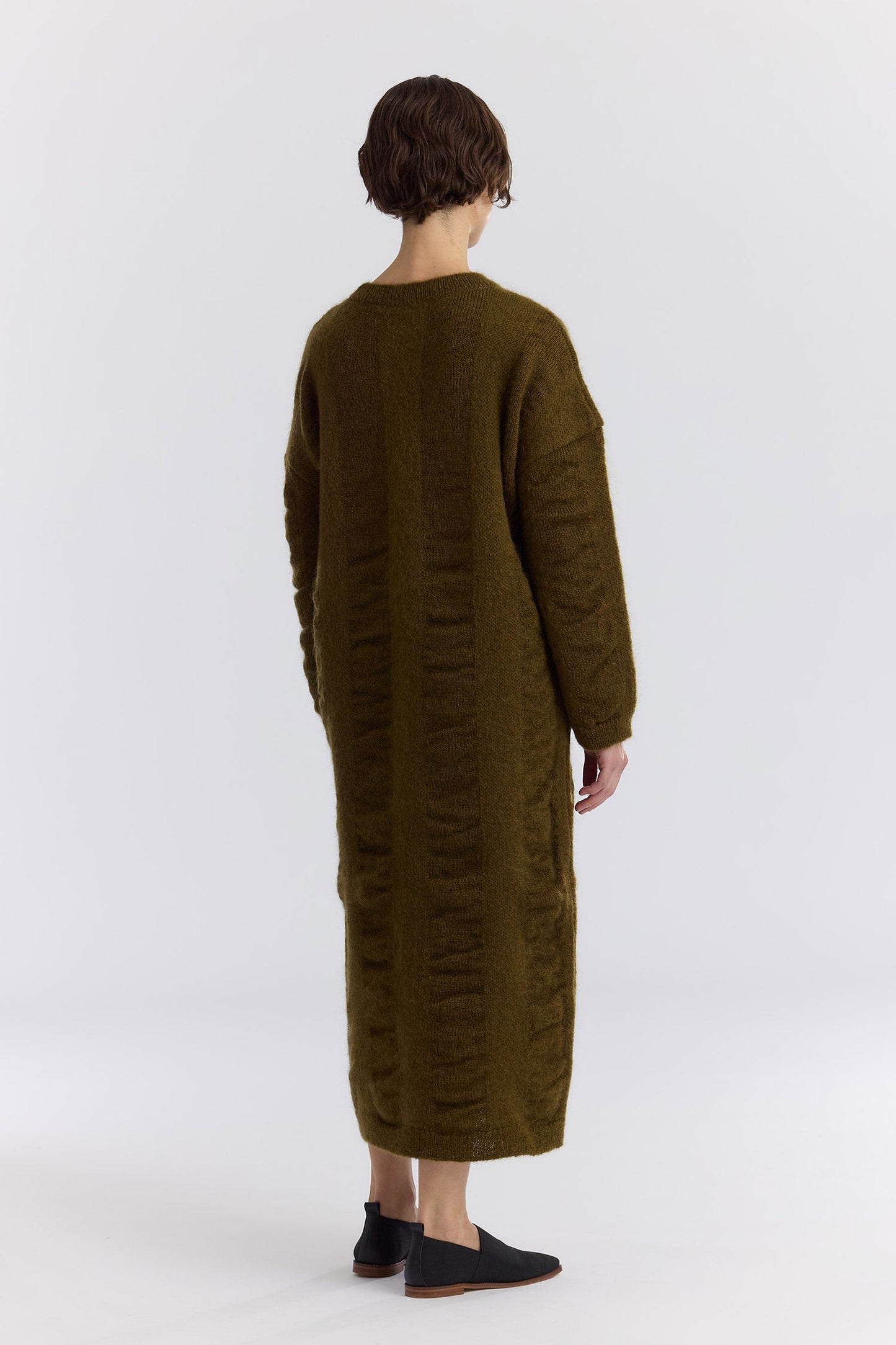 WATERFALL KNIT DRESS / DK. OLIVE