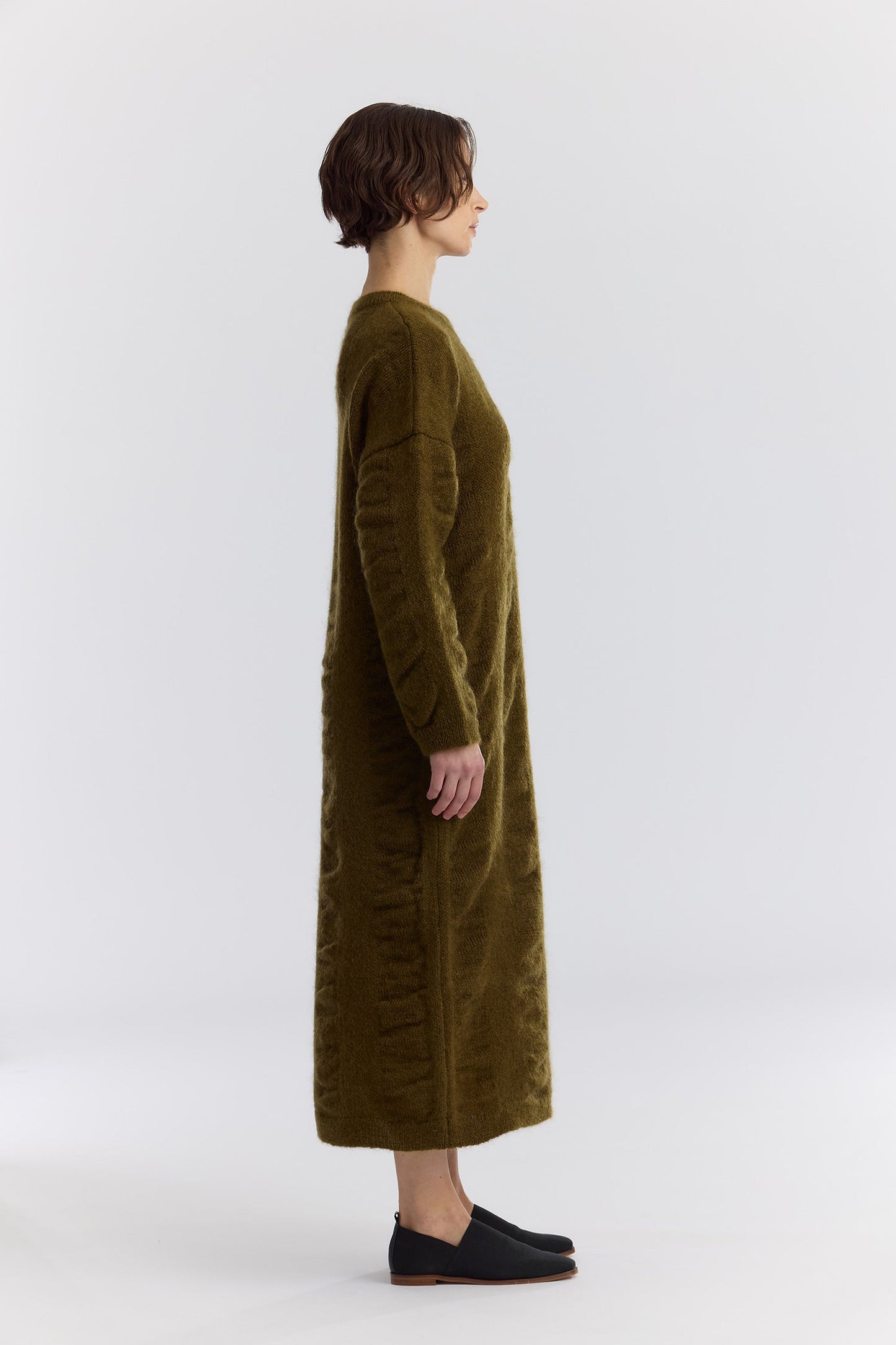 WATERFALL KNIT DRESS / DK. OLIVE