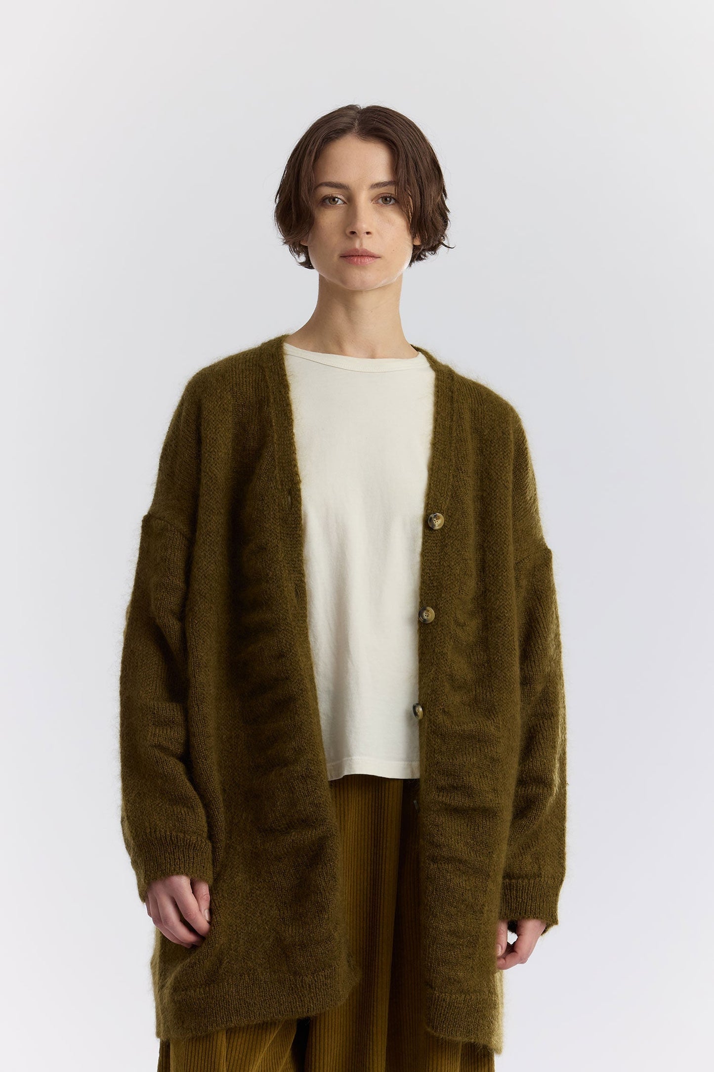 WATERFALL OVERSIZED LONG CARDIGAN / DK. OLIVE