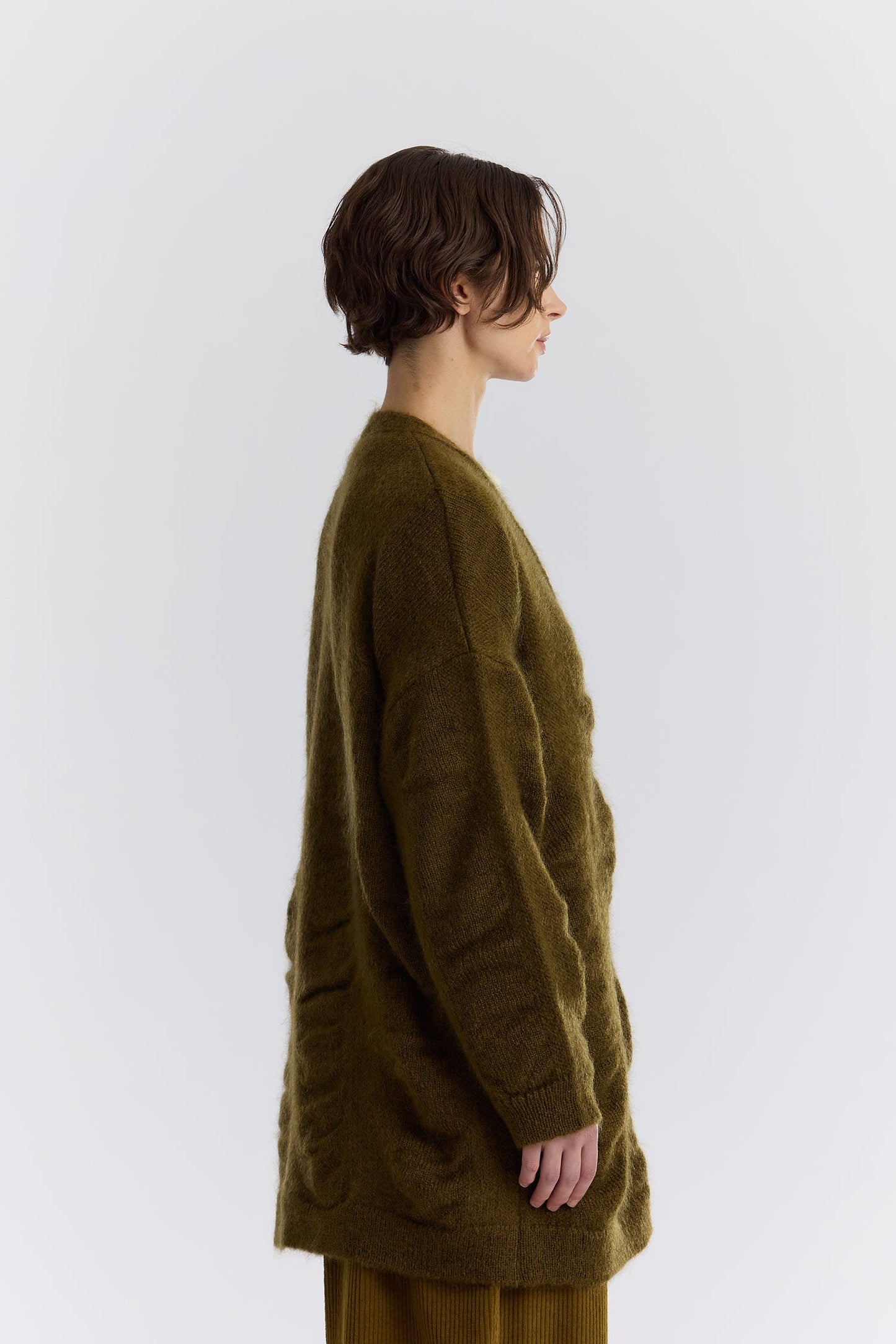 WATERFALL OVERSIZED LONG CARDIGAN / DK. OLIVE