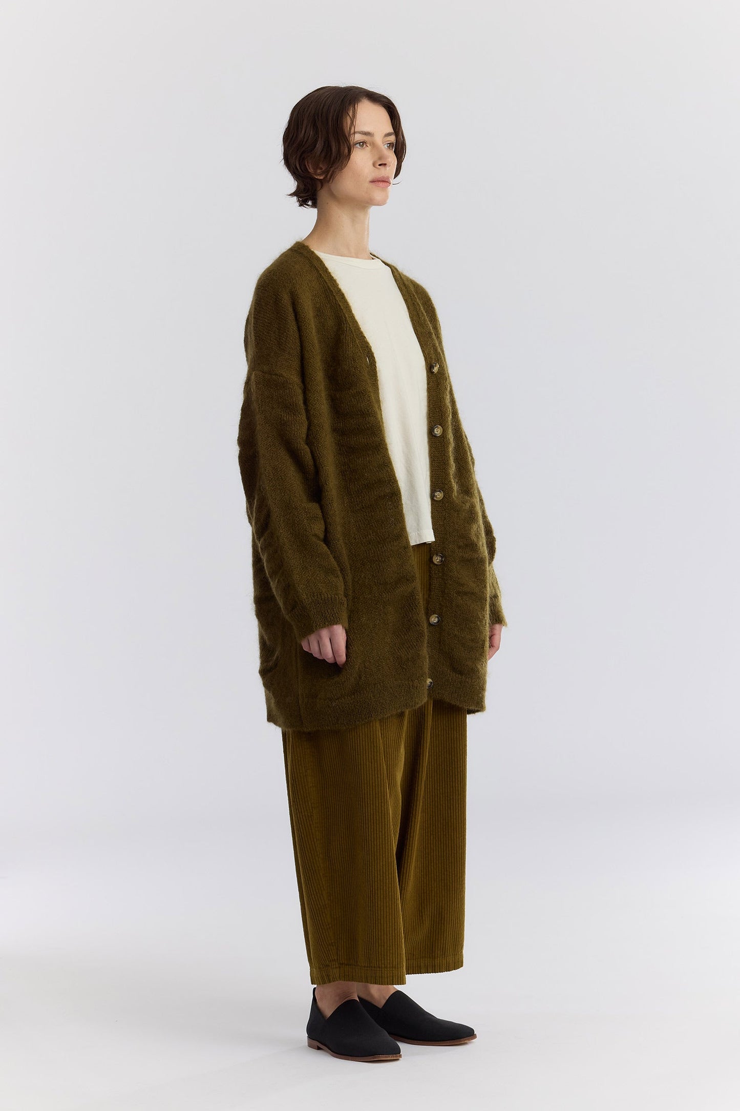 WATERFALL OVERSIZED LONG CARDIGAN / DK. OLIVE