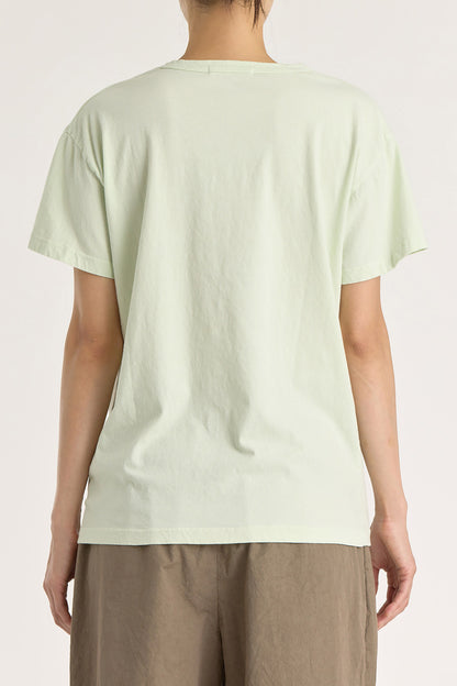A person wearing a mint green basic crew neck t-shirt with short sleeves, paired with high-waisted trousers.