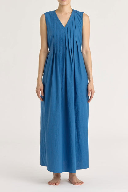 PLEATED V NECK DRESS (V-NECK) / BLUE / C-TVD13