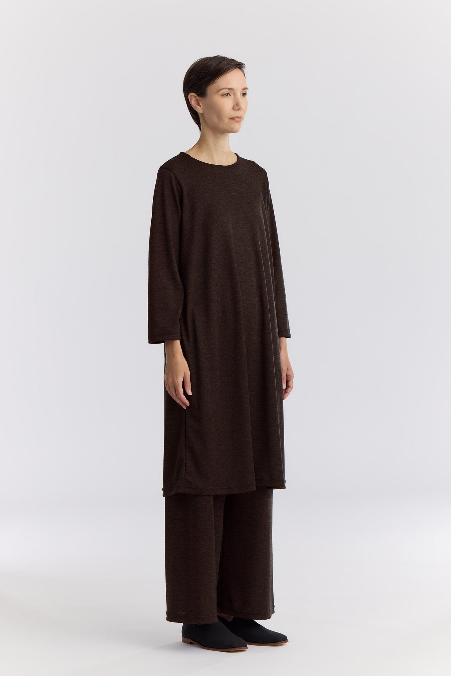 WASHABLE WOOL BASIC CREW DRESS / CACAO