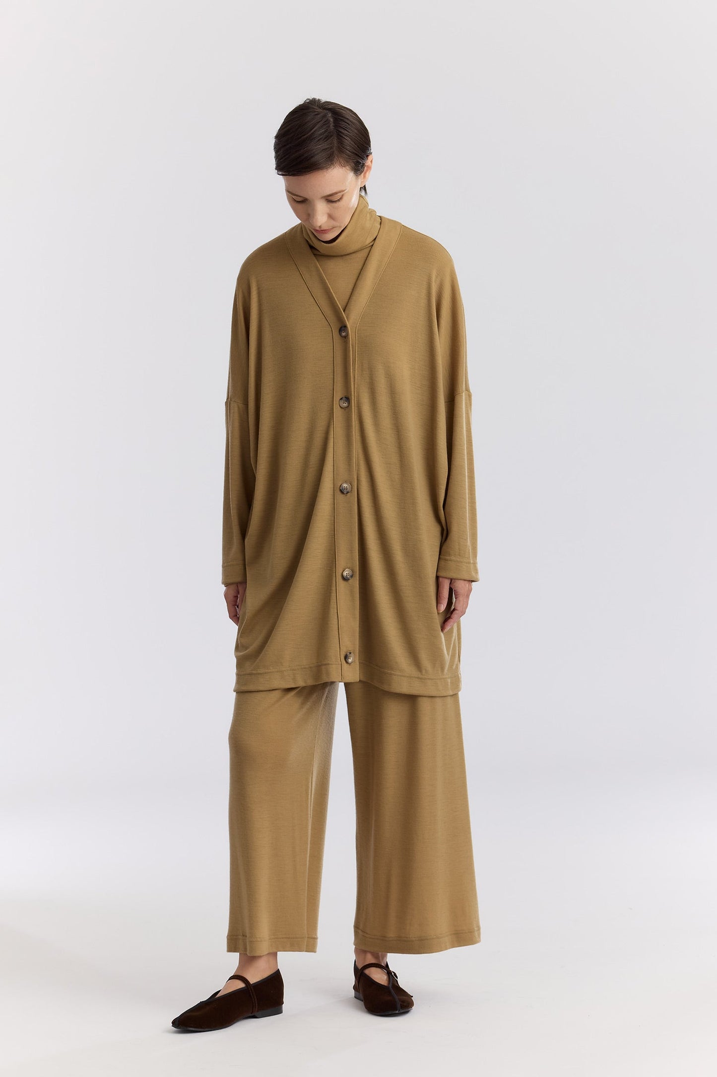 WASHABLE WOOL LONG CARDIGAN / CAMEL