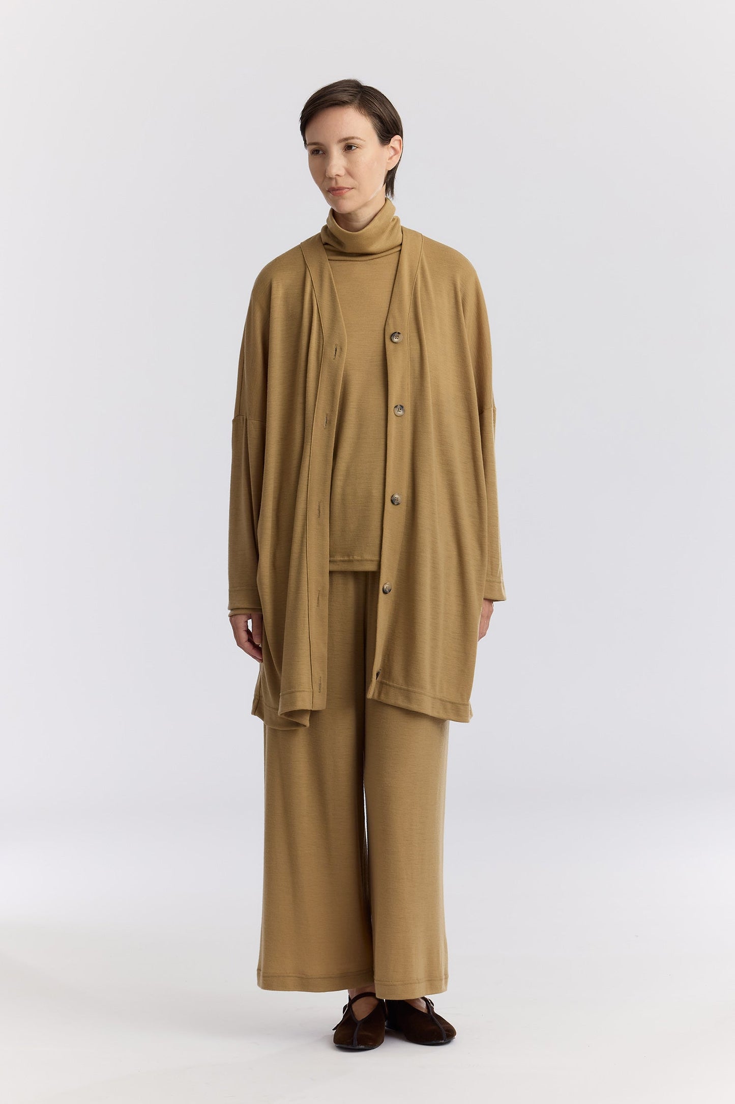 WASHABLE WOOL LONG CARDIGAN / CAMEL